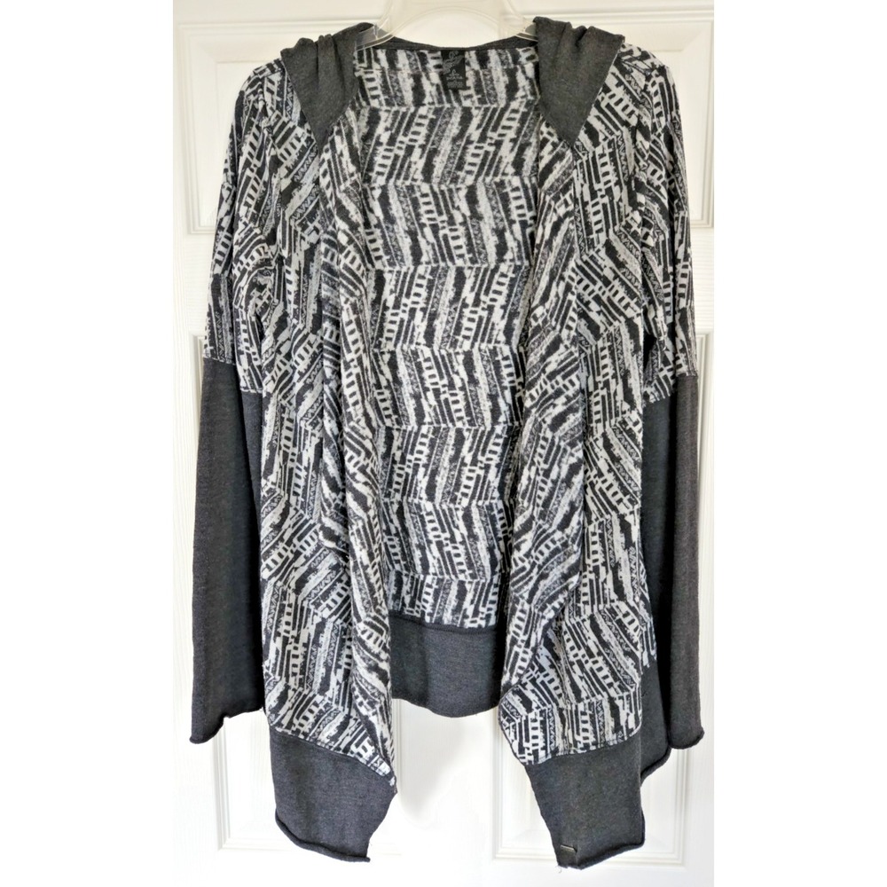 Prana Womens M Gray Geometric Tribal Print Open Front Hooded Cardigan Sweater - Picture 1 of 9